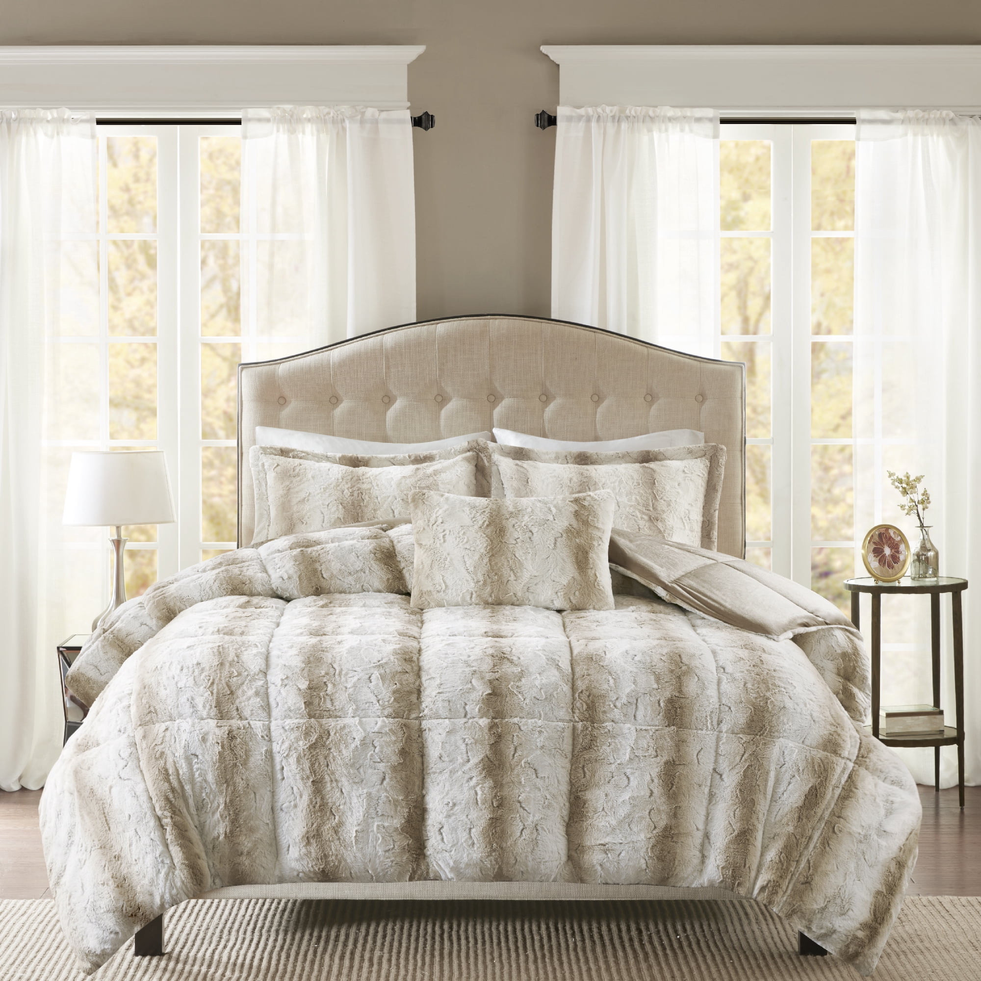 Madison Park Zuri 4PC Faux Fur Comforter Set, Full/Queen - Sand, Adult, All-Season
