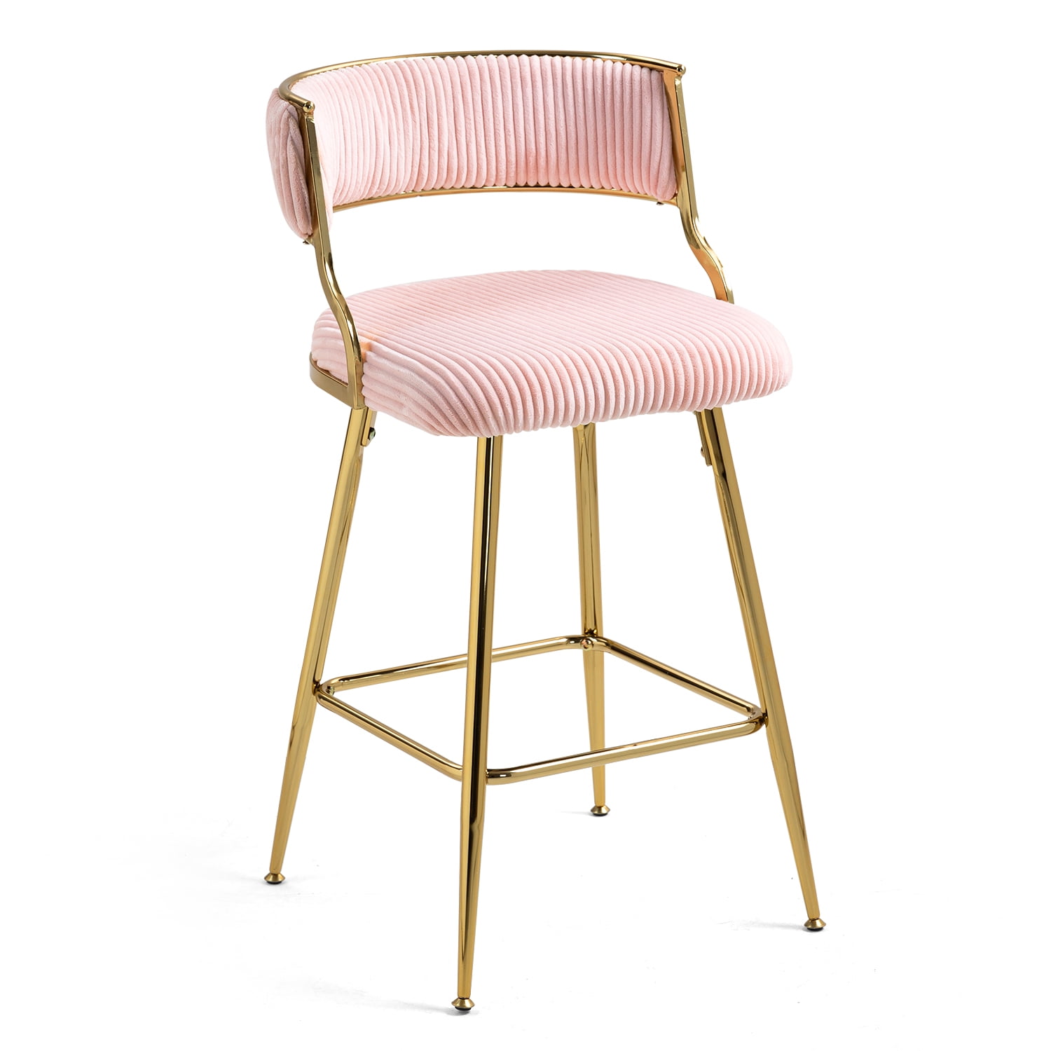 Peispie 25" Counter Height Bar Stools Set of 2, Modern Corduroy Barstools with Low Back and Gold Metal Legs, Padded Kitchen Island Chairs with Footrest for Home Bar, Pink