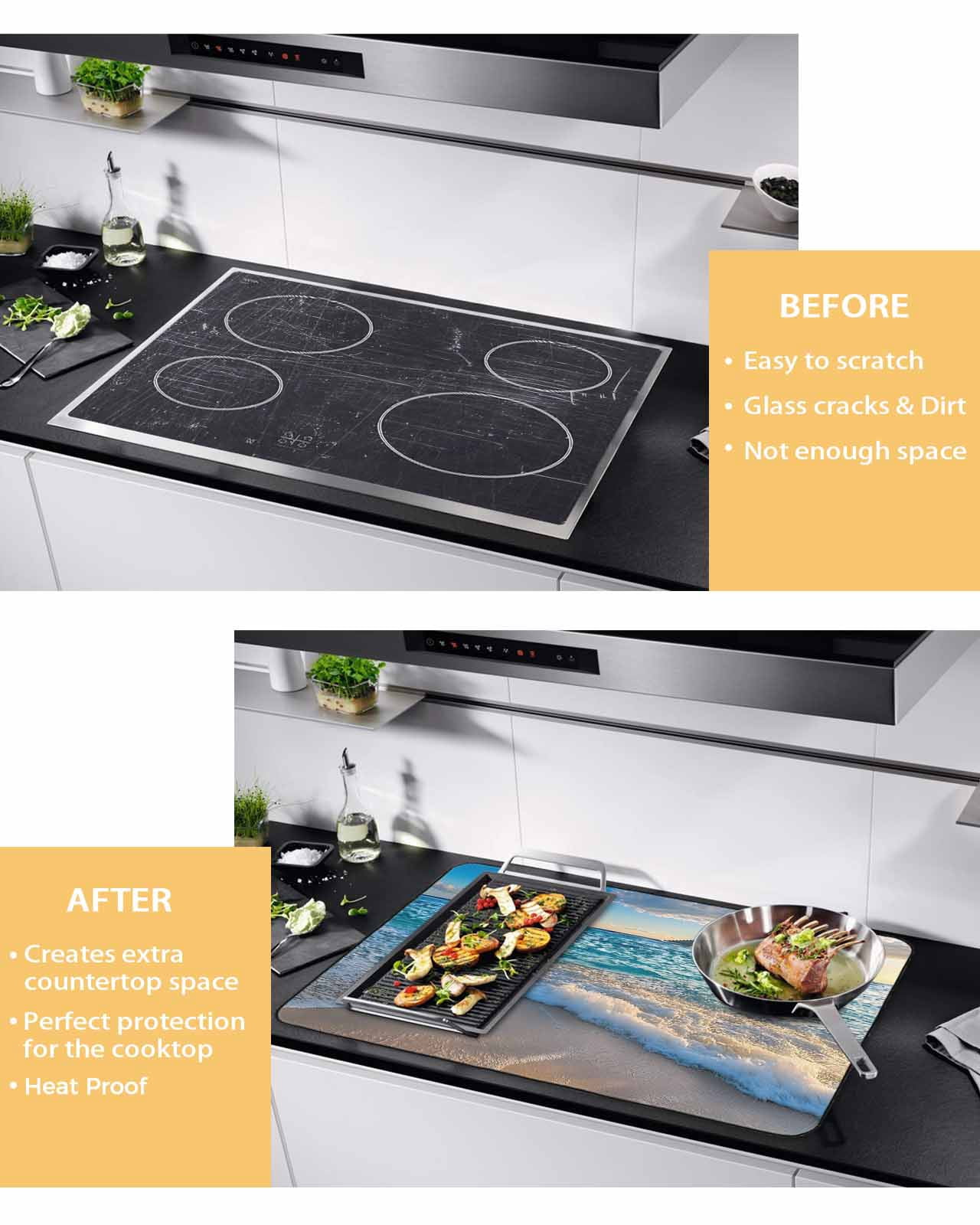 nqOlkjepod Large Induction Cooktop Protector Mat 24"x21", Ocean Stove Top Covers for Electric Stove, Blue Sky Mountain Sandy Beach Sea Scenery Stove Burner Cover Mats, Glass Top Stove Cover