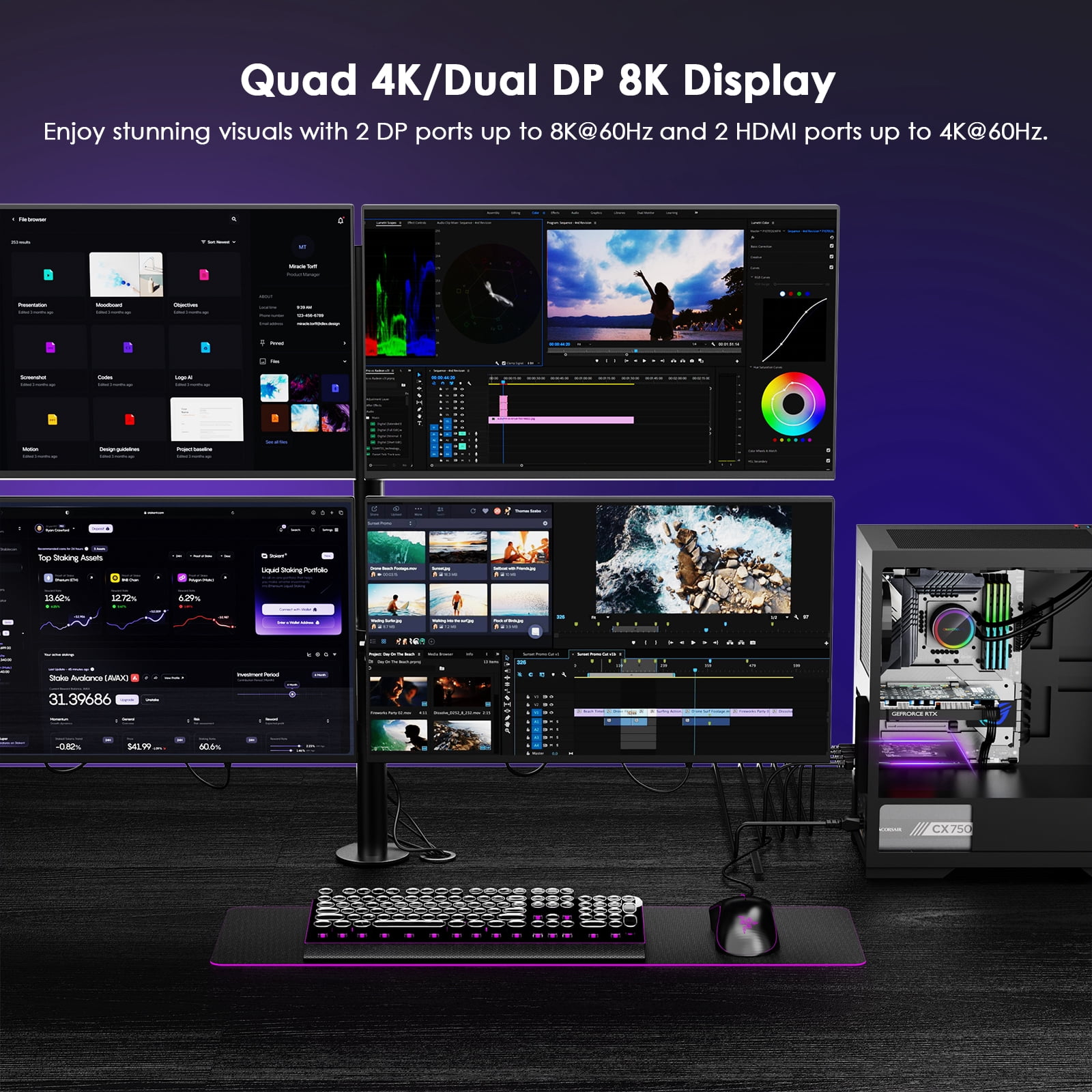 WAVLINK 4K/8K Computer PCIe 3.0 Video Card, PCIe to Quad 4K/Dual DP 8K Graphics Card with 2HDMI+2DP Ports for Windows 11/10 & Ubuntu