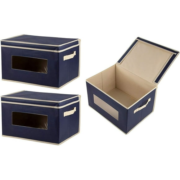 3-Pack Bacs de Rangement - Cubes de Rangement en Tissu Pliable Boîtes Organisateur Paniers de Rangement avec Couvercles et Fenêtre pour Vêtements, Jouets, Pépinière - 16,25 "x12" x10 ", Bleu Marine