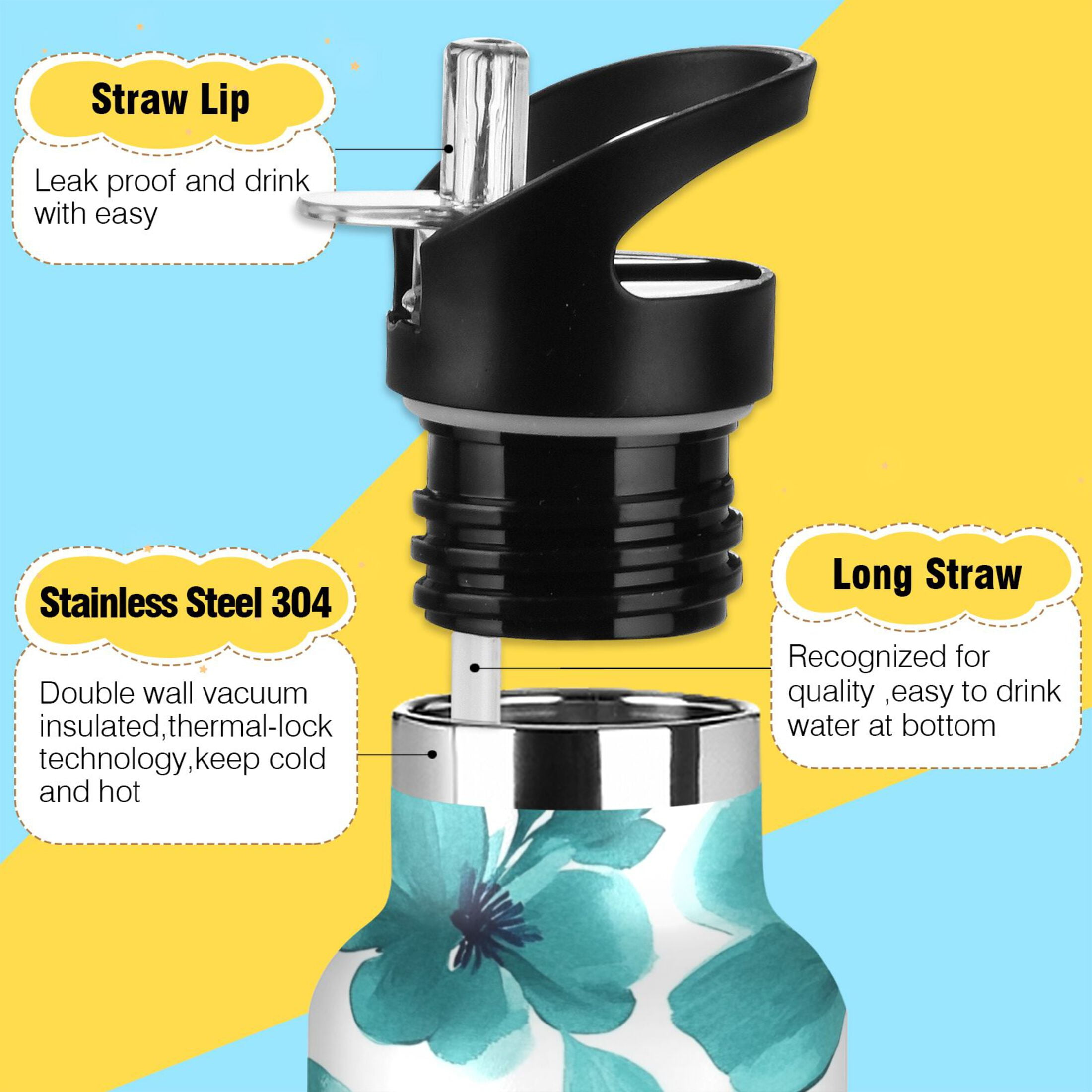 600ML Stainless Steel Insulated Cup Sports Water Bottle Portable Thermos Cup Water Glasses Insulated Tumblers Convenient and Durable Green Flowers