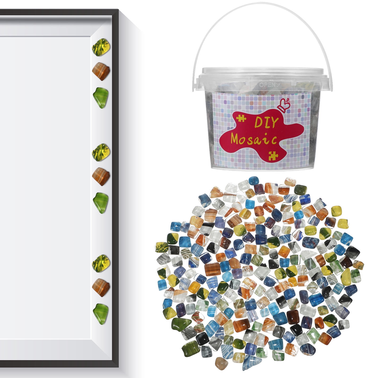 Masteelf 1 Bucket Crystal Glass Mosaic Tiles for Crafts with Assorted Colors and Convenient Storage Kit