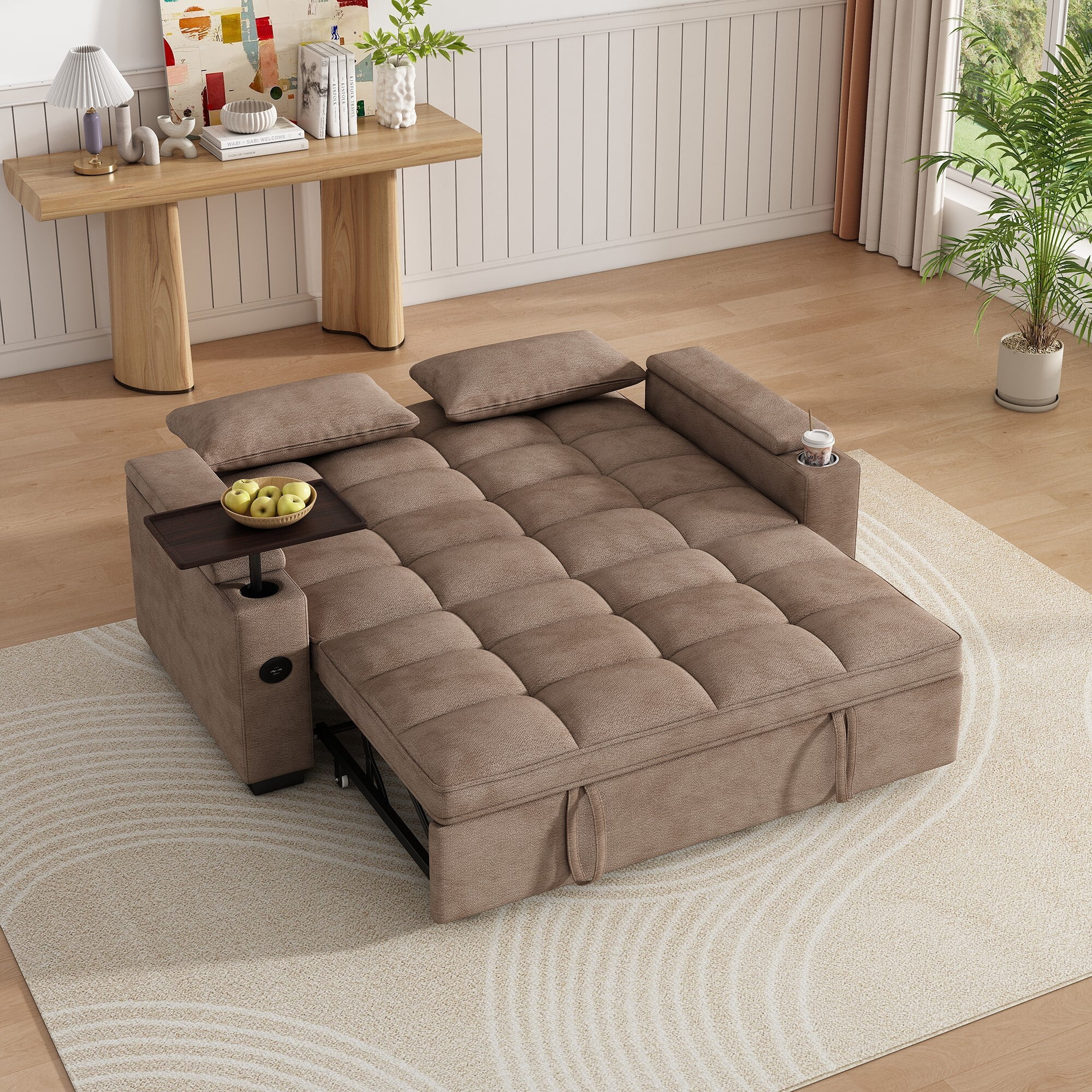 DEALTOPS 65" 3-in-1 Sleeper Sofa Bed, 3-Position Pull Out Couch with 90° Swivel Table, USB & Storage, Chenille, Brown