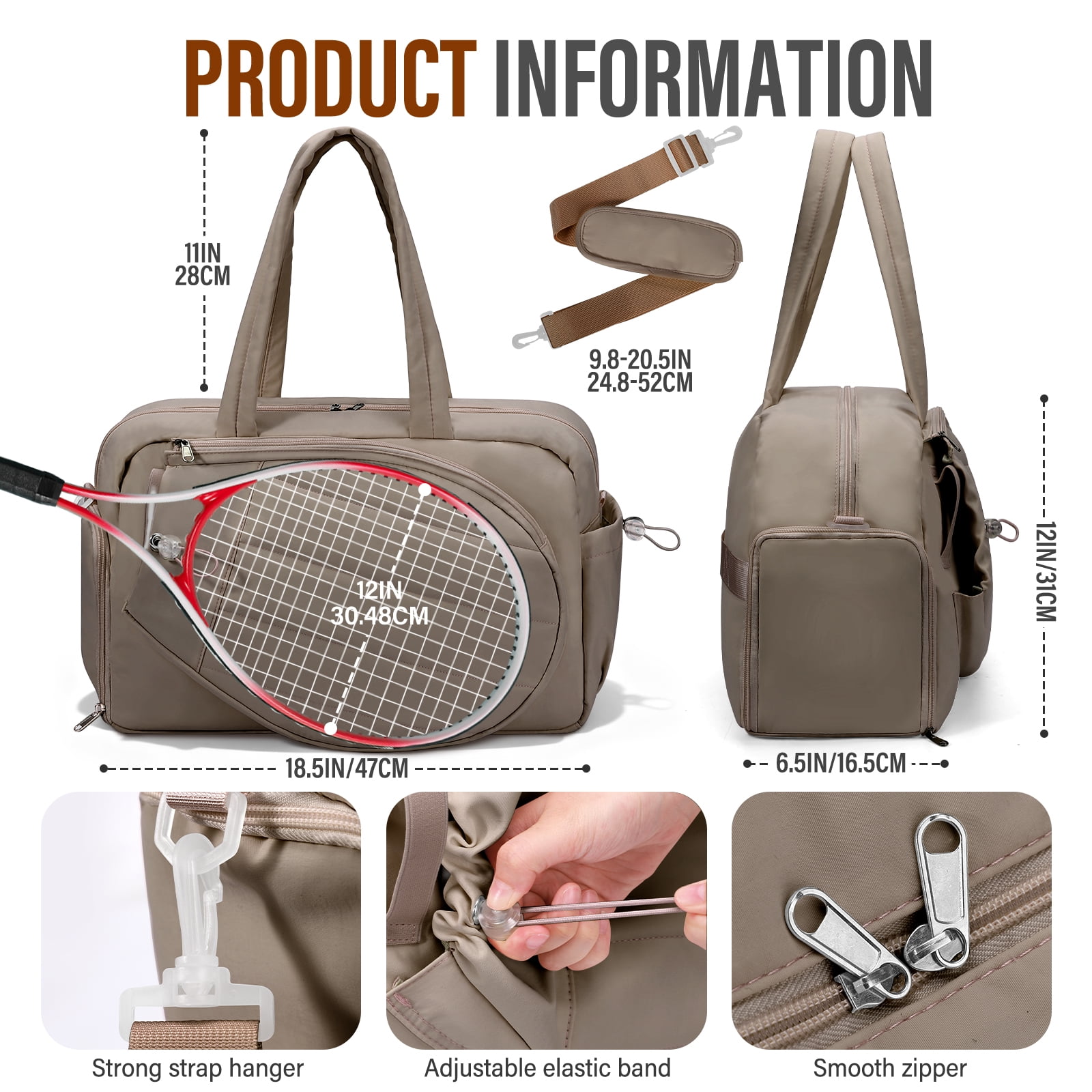Gocvo Womens Tennis Bag with Shoe Compartment, Versatile Lightweight Tennis Racket Bag, Sports Bag for Tennis Pickleball Badminton (Camel)