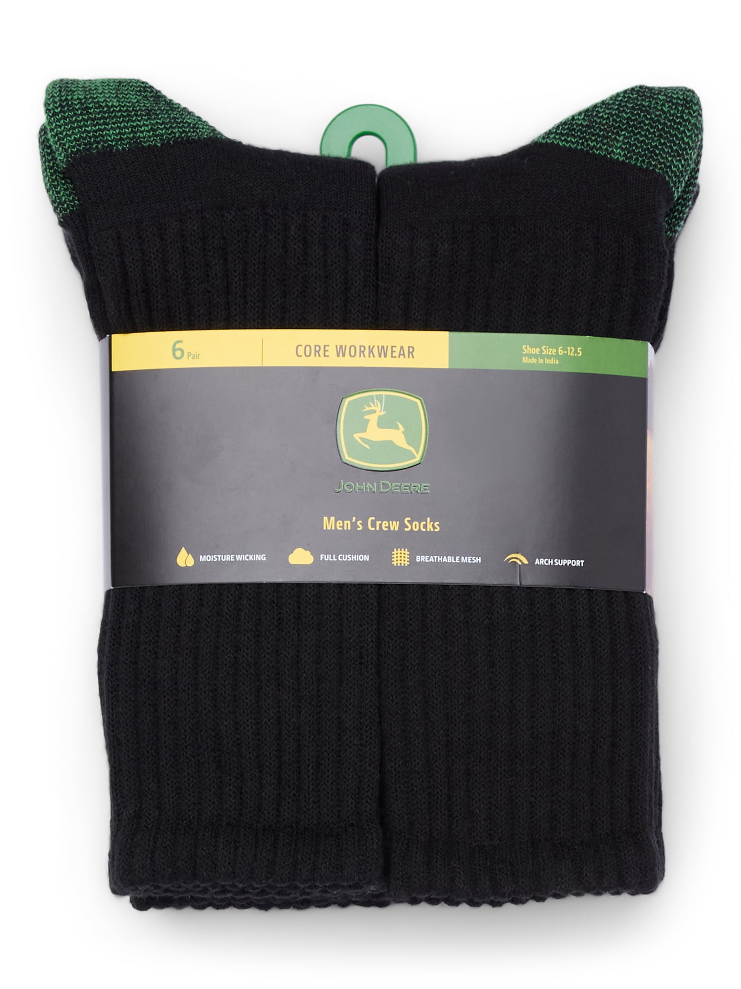 John Deere Men’s Workwear Crew Socks, 6-Pack, Black