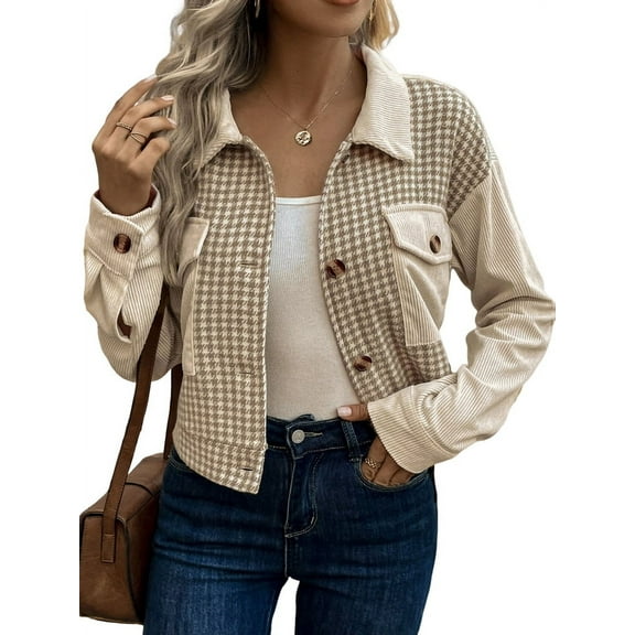 Women'S Fall Cropped Corduroy Jackets Lapel Button Down Long Sleeve Shirt Jacket Casual Outerwear Coats Khaki S