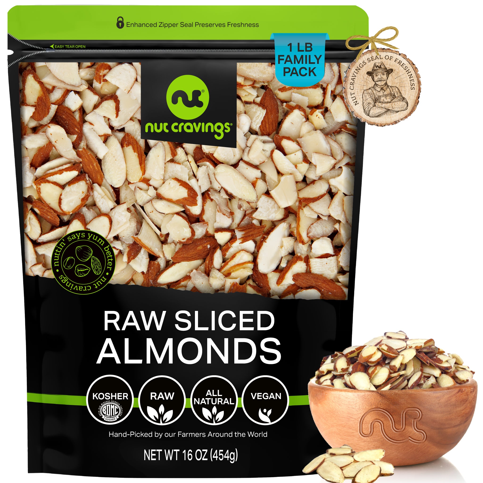 Natural Sliced Almonds, Raw, Premium (16oz 1 lbs) by Nut Cravings
