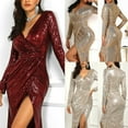 thumbnail image 3 of Robe Sexy à Paillettes pour Femmes Col en V Profond Robe de Cocktail Soirée Robe Maxi de Bal, 3 of 5