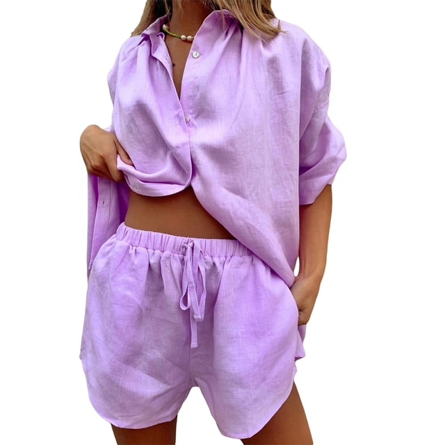 Ensemble Décontracté 2 Pcs pour Femmes, Chemise Boutonnée à Col Rabattu, Shorts Élastiques pour l'Été