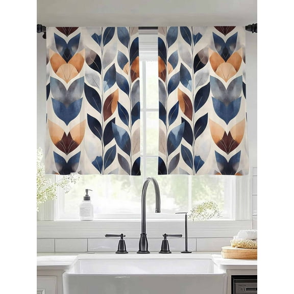 Navy Blue Burnt Orange Sheer Curtains for Living Room Bedroom Botanical Palm Leaf Abstract Sheer Curtains 45 Inch Long 2 Panels Set Light Filtering Curtain Window Treatments Drapes for Dining Room