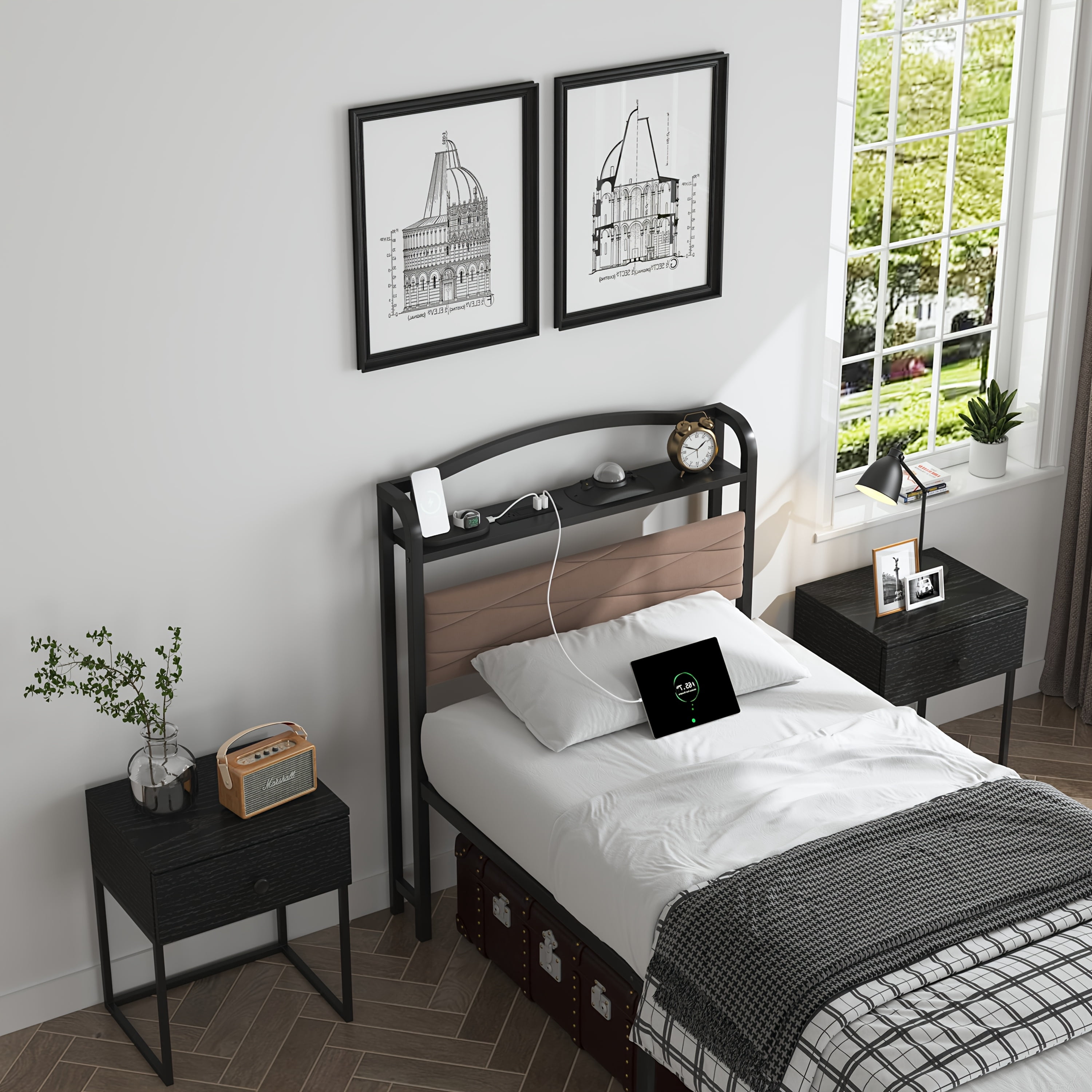 WANTAI Twin Bed Frame - Storage Headboard with Charging Station & Galaxy Aurora Projector, 14 Inch Sturdy Metal Platform Bed Frame No Box Spring Needed, Easy Assembly, No Noise, Brown