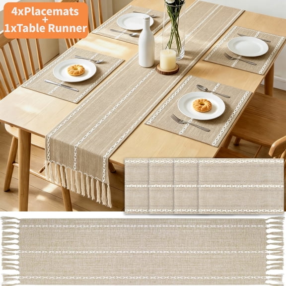 Table Runner and Placemats Set of 4, Yamaziot Washable Fabric Rectangle Dining Table Mats with Tassels, 13"x72" Table Flag & 13"x18" Place Mats, Beige