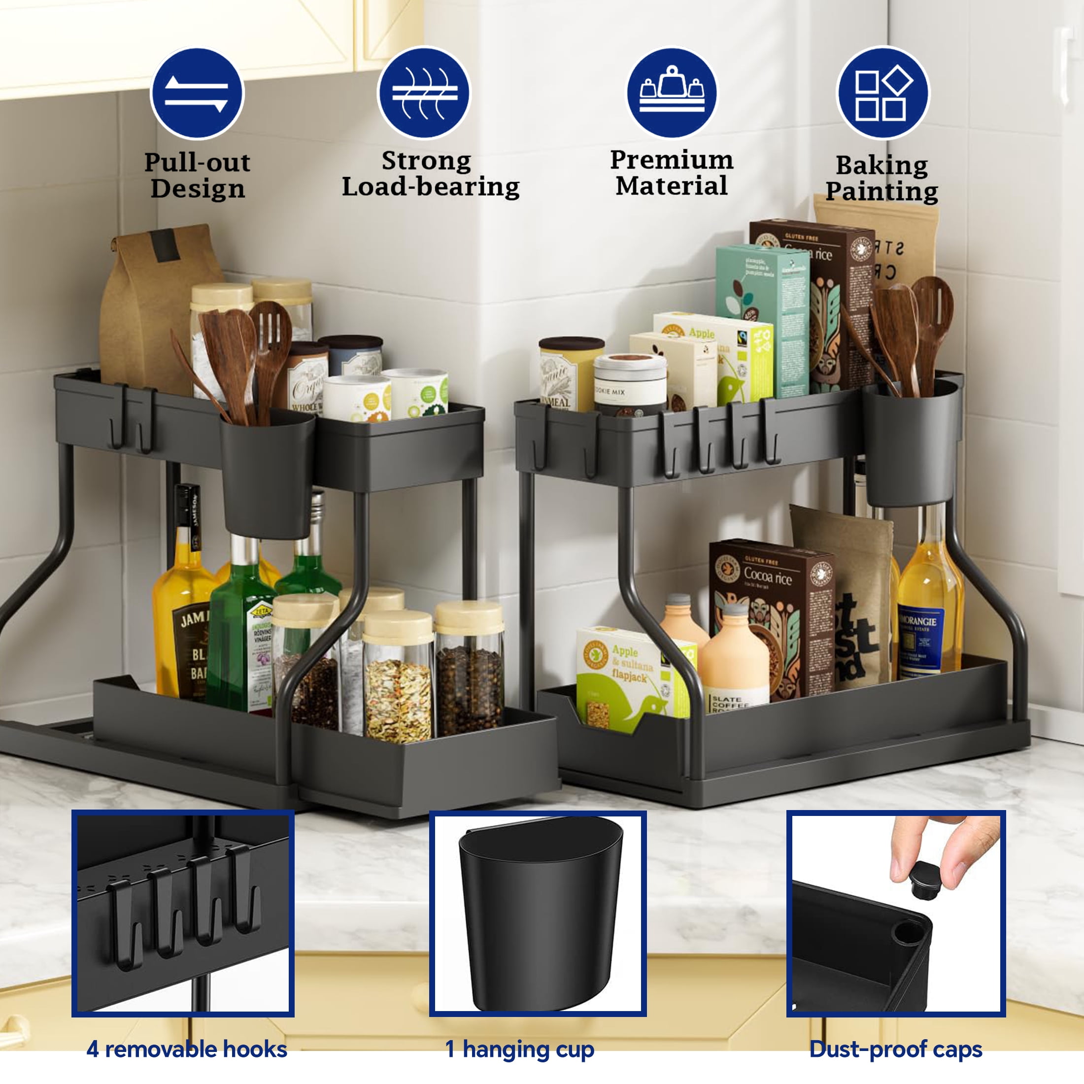 HIOHA 2-Pack 2-Tier Under Sink Pull-Out Cabinet Organizer for Kitchen and Bathroom, L-Shaped Narrow Space Shelves