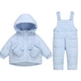 thumbnail image 3 of Jinhomg Snowsuit for Baby Boy Girl 3 Piece Thick Warm Ski Suit Winter Comfy Long Sleeve Hooded Jacket with Snowboard Overalls and String Mittens 90% off Clearance Sale Blue 2 Years, 3 of 9