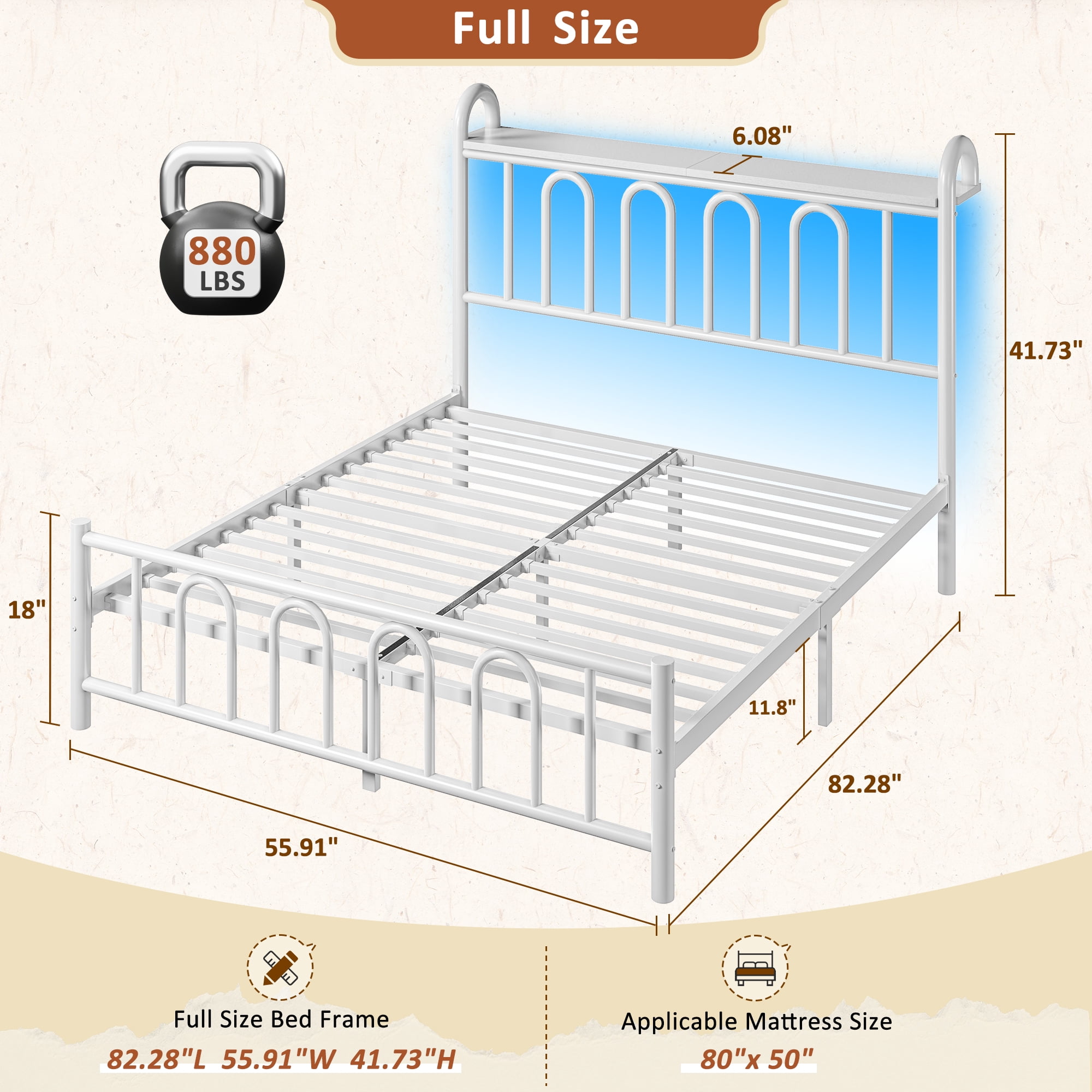 EnHomee Full Size Metal Platform Bed Frame with Headboard Metal Bed Frame with LED Lights Full Bed Frame with Underbed Storage,White