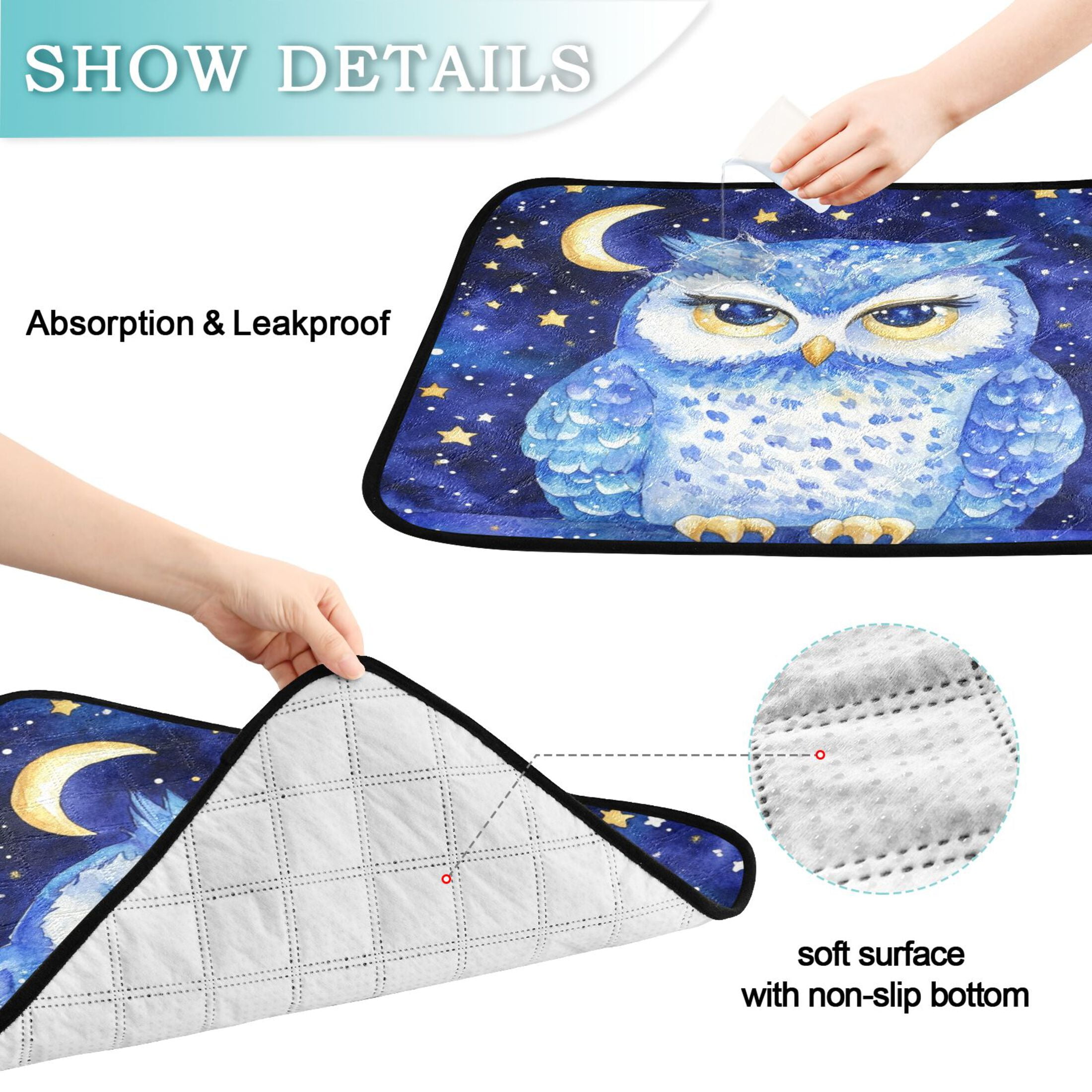 Qxltty Blue Starry Owl Cat litter Pads Pet Set of 2 Diaper Mats Center Anti-leakage Layer Absorbent Soft and Comfortable
