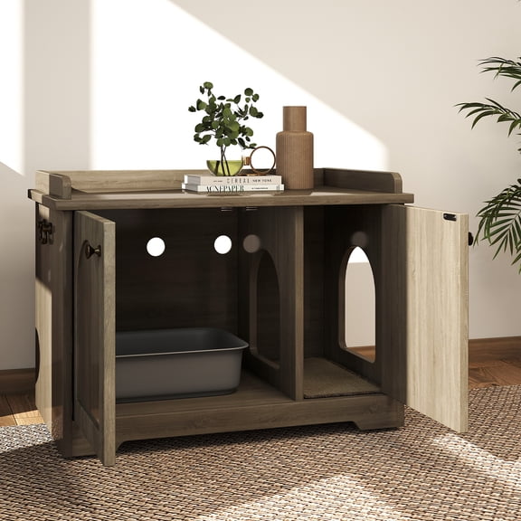 Cat Litter Box Enclosure Furniture, Wooden Cat Washroom Pet House with Scratching Pad, for Odor Control and Litter Containment 31.5x22x19.6in