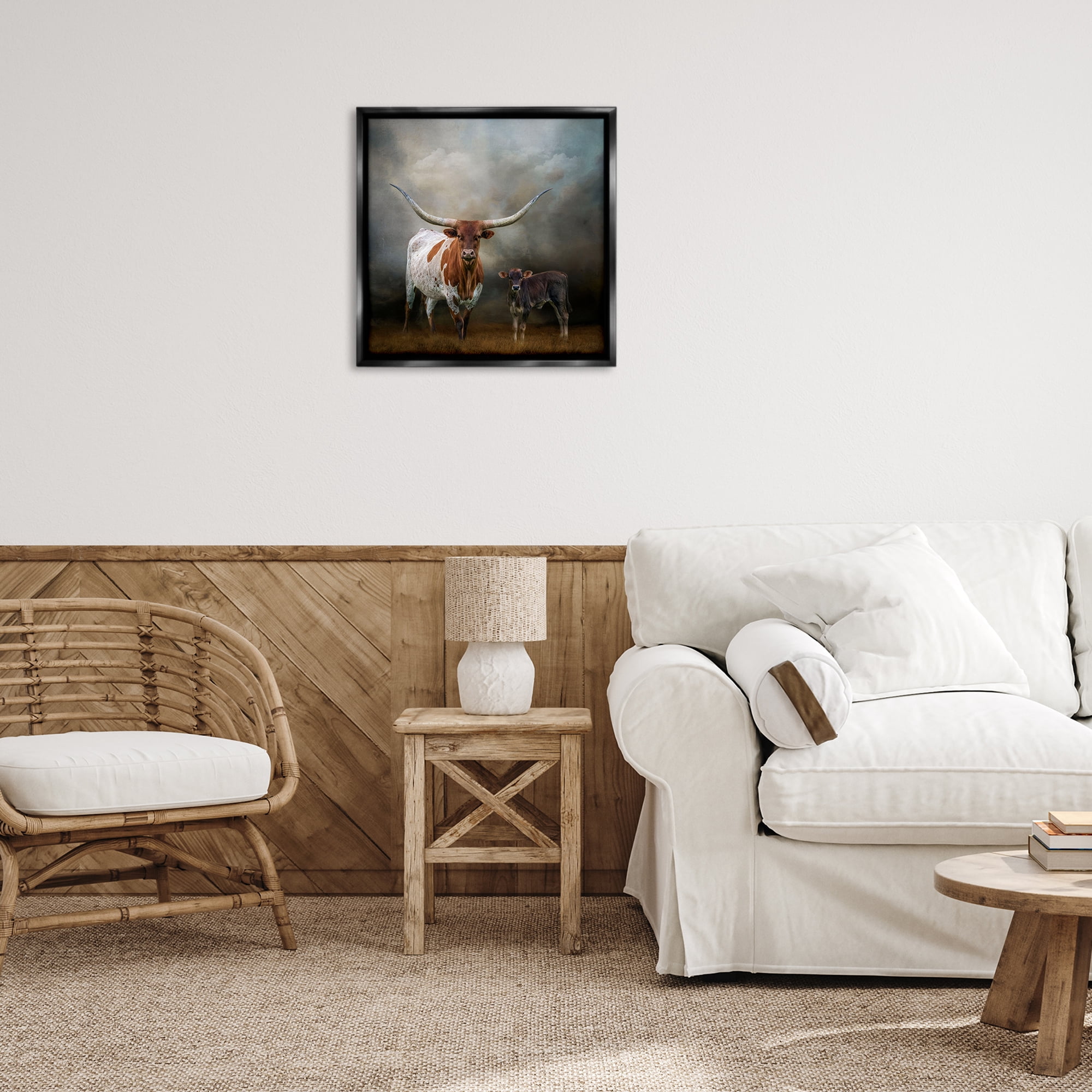 Stupell Industries Longhorn & Calf Babysitter Animals & Insects Painting Black Floater Framed Canvas Art Print Wall Art, 25 x 25