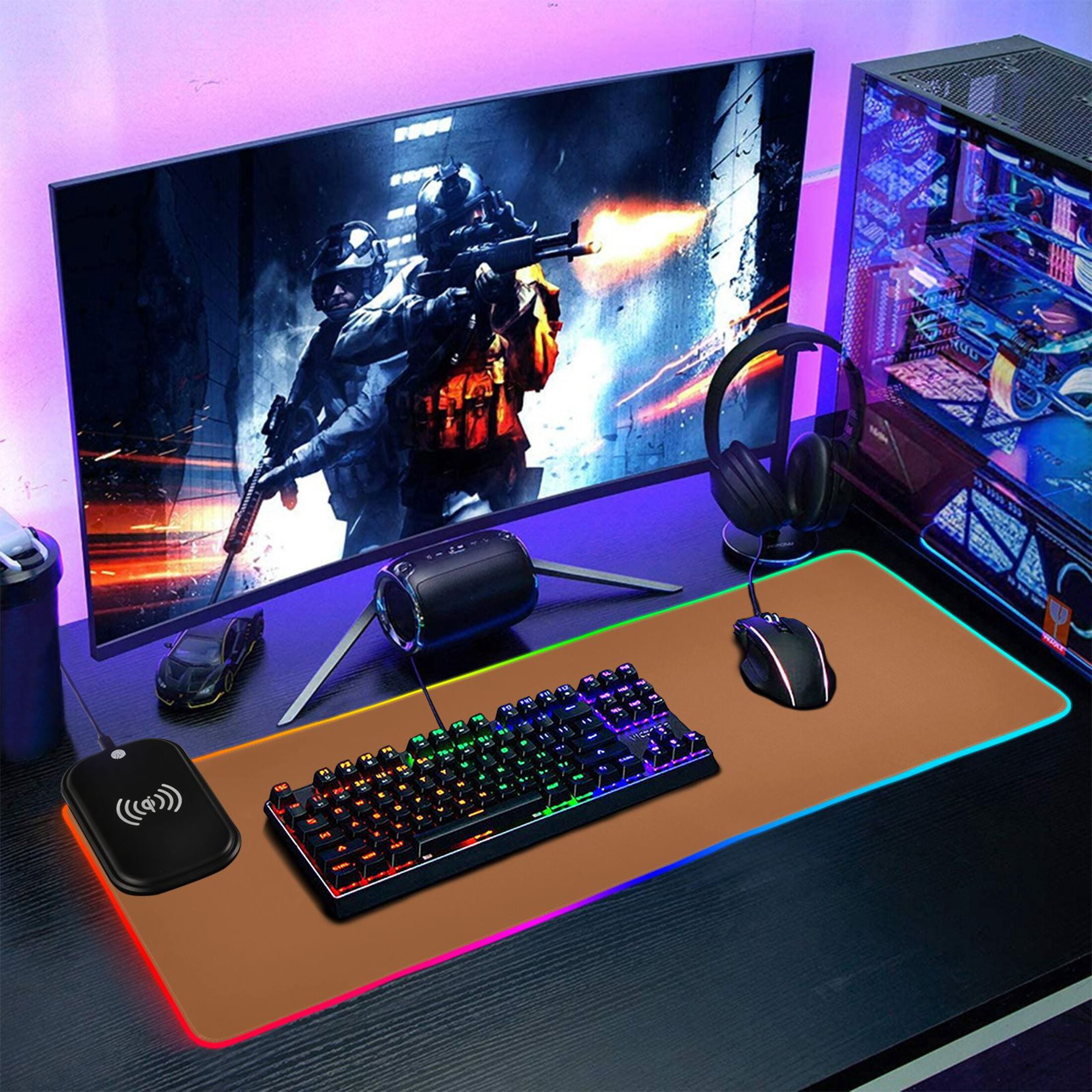 Wireless Charging Mouse Pad Large RGB Gaming Desk Mat 13 Light Modes Mousepad 31.5x11.8 Brown