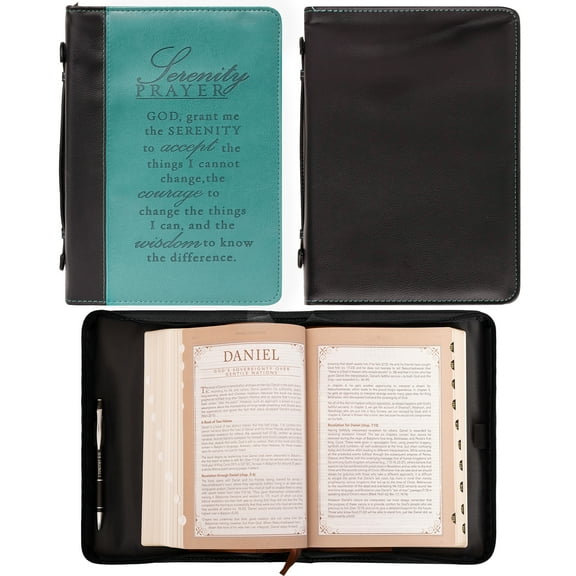 Teal Faux Leather Bible Cover for Women  Inspirational Serenity Prayer  Zippered Case for Bible or Book with Handle Christian Art Gifts