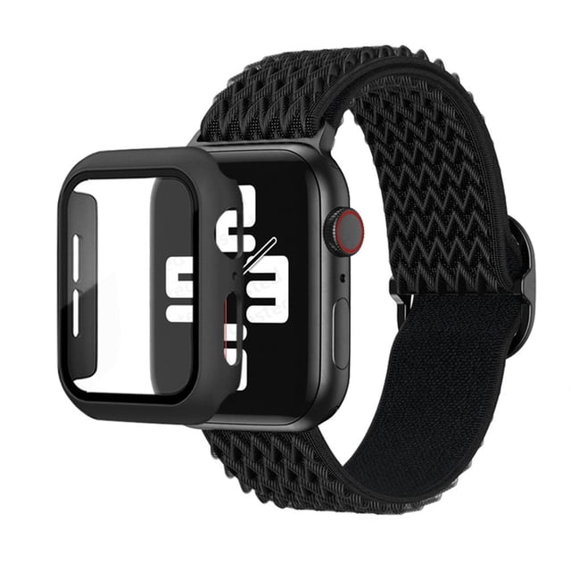 ALMNVO Screen Protector Case Nylon Strap for Apple Watch Band 45 mm 41mm 44mm 40mm 42mm 38mm Tempered Glass Scrunchie Elastic Sport Single Loop for iWatch Series 7 6 SE 5 4 3 2 1