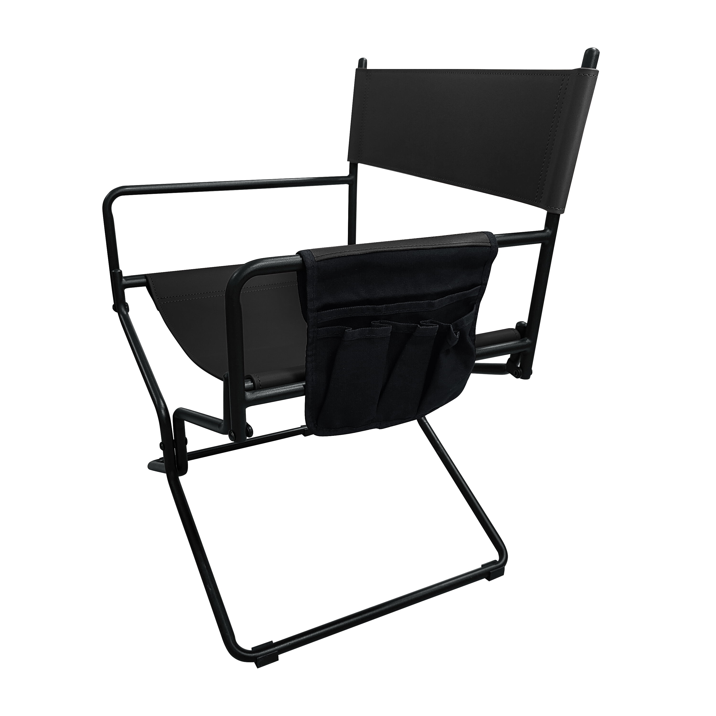 21-Inch Leather Director's Folding Camping Chair with Cup Holder and Backrest, Heavy Duty Outdoor Chair and Portable Seat for Fishing Lawn Sports, Black