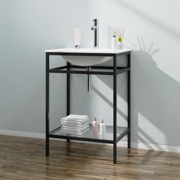 Goodyo 24" Bathroom Vanity with Single Drop in Sink, Modern Bathroom Cabinet and Sink Combo, Tempered Glass Open Shelf, Metal Frame, Black
