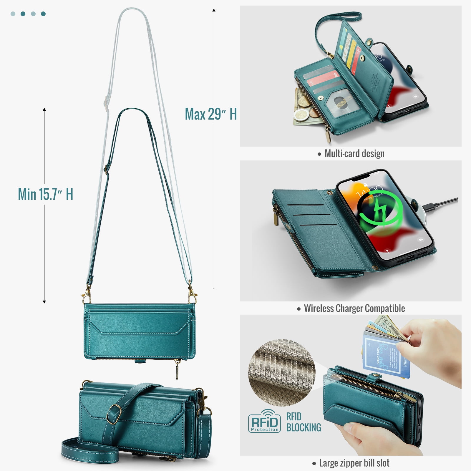 Compatible with iPhone 14 Pro Max 6.7 inch Zipper Wallet Phone Case Tempered Glass Screen Protector Crossbody Lanyard Strap Flip Card Holder Slot Cell Cover for iPhone14promax i14 P14Max Women Green