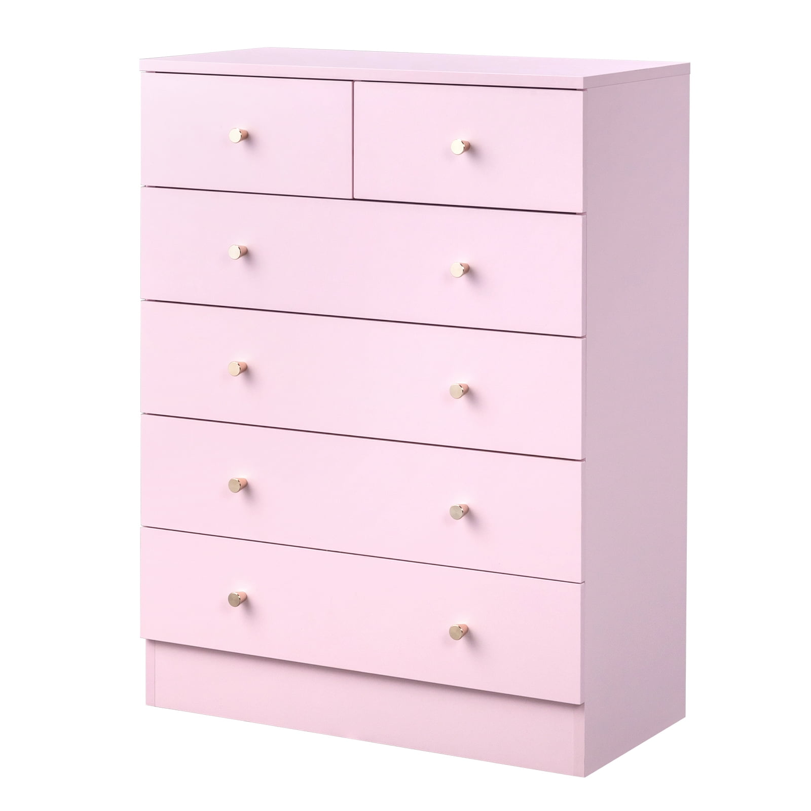 5-Tier 6-Drawer Cabinet with Matte Gold Handles, Particleboard Storage Dresser, Pink, 25.98 x 12.99 x 35.04 in