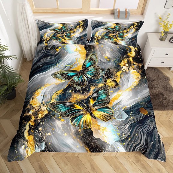Black Marble Duvet Cover Set Teal Butterfly Queen Bedding Sets,Rustic Animal Dreamy Butterflies Room(No Comforter)