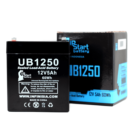 Compatible CSB GP1250 Battery - Replacement UB1250 Universal Sealed Lead Acid Battery (12V 5Ah, 5000mAh, F1 Terminal, AGM, SLA) - Includes TWO F1 to F2 Terminal Adapters