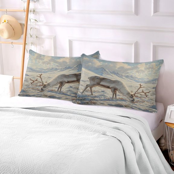 Pillow Case Plush Pillow Reindeer Grazing in The Snow-covered Case standard size/King size/Queen size Bed Pillow Pillowcases