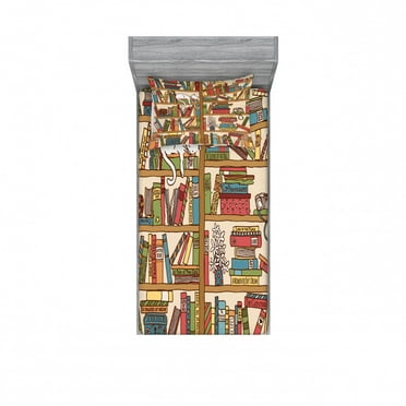 Cat Bedding Set with Sheet & Covers, Nerd Book Lover Kitty Sleeping over Bookshelf Library Academics Feline Boho Design, Printed Bedroom Decor 2 Shams, 4 Sizes, Multicolor, by Ambesonne