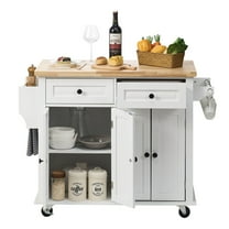 White Kitchen Island Cart with Solid Wood Top, 35.4 Inch Wide Mobile Kitchen Cart with Storage Cabinet, Spice Rack, Towel Rack and Drawer, Rolling Kitchen Table on Wheels