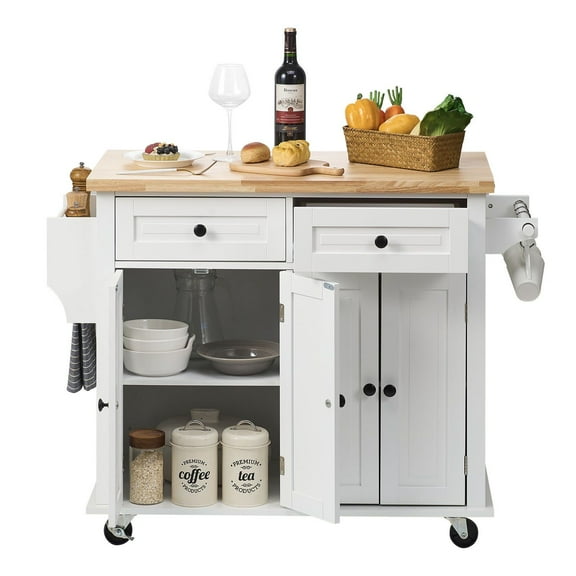 White Kitchen Island Cart with Solid Wood Top, 35.4 Inch Wide Mobile Kitchen Cart with Storage Cabinet, Spice Rack, Towel Rack and Drawer, Rolling Kitchen Table on Wheels