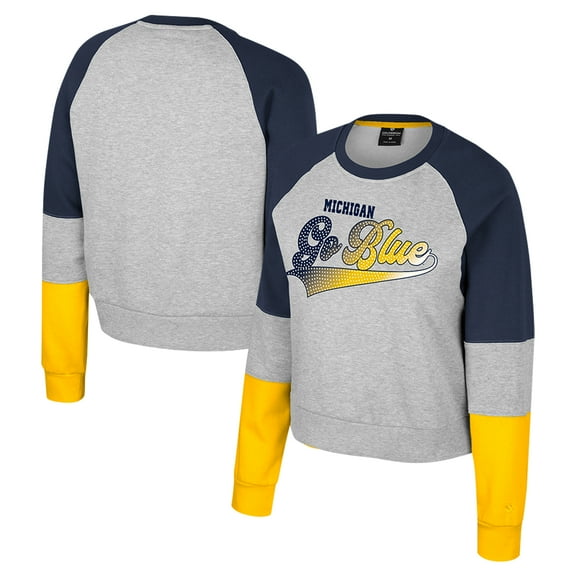 Women's Colosseum Heather Gray Michigan Wolverines Katinka Rhinestone Scoop Neck Pullover Sweatshirt