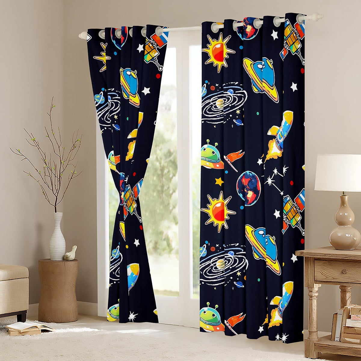 Feelyou Rocket Planet Black Out Curtains, Mystic Outer Space Curtains Pack of 2 (42x63 Each), Teens Kids Boys Girls Bedroom Curtains, Blackout Curtains Bedroom Decor