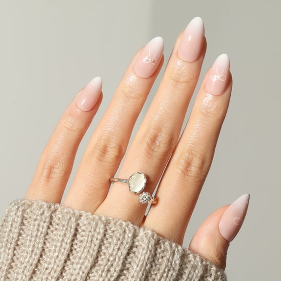 Ellie Vincy Press On Glue On Nails – Bow Tie Nude Ombre | Short Almond Shape, 30 Piece Set with Glue and Sticky Tabs, 15 Sizes