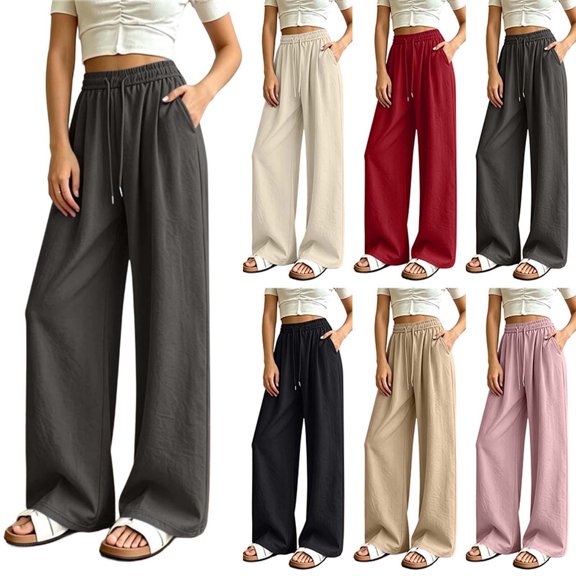 UKHCCC Casual Pants for Women Wide Leg Drawstring with Pockets Elastic Waist Soft High Trousers Loose Flowy Fit Summer Beach Travel Lounge M-XL