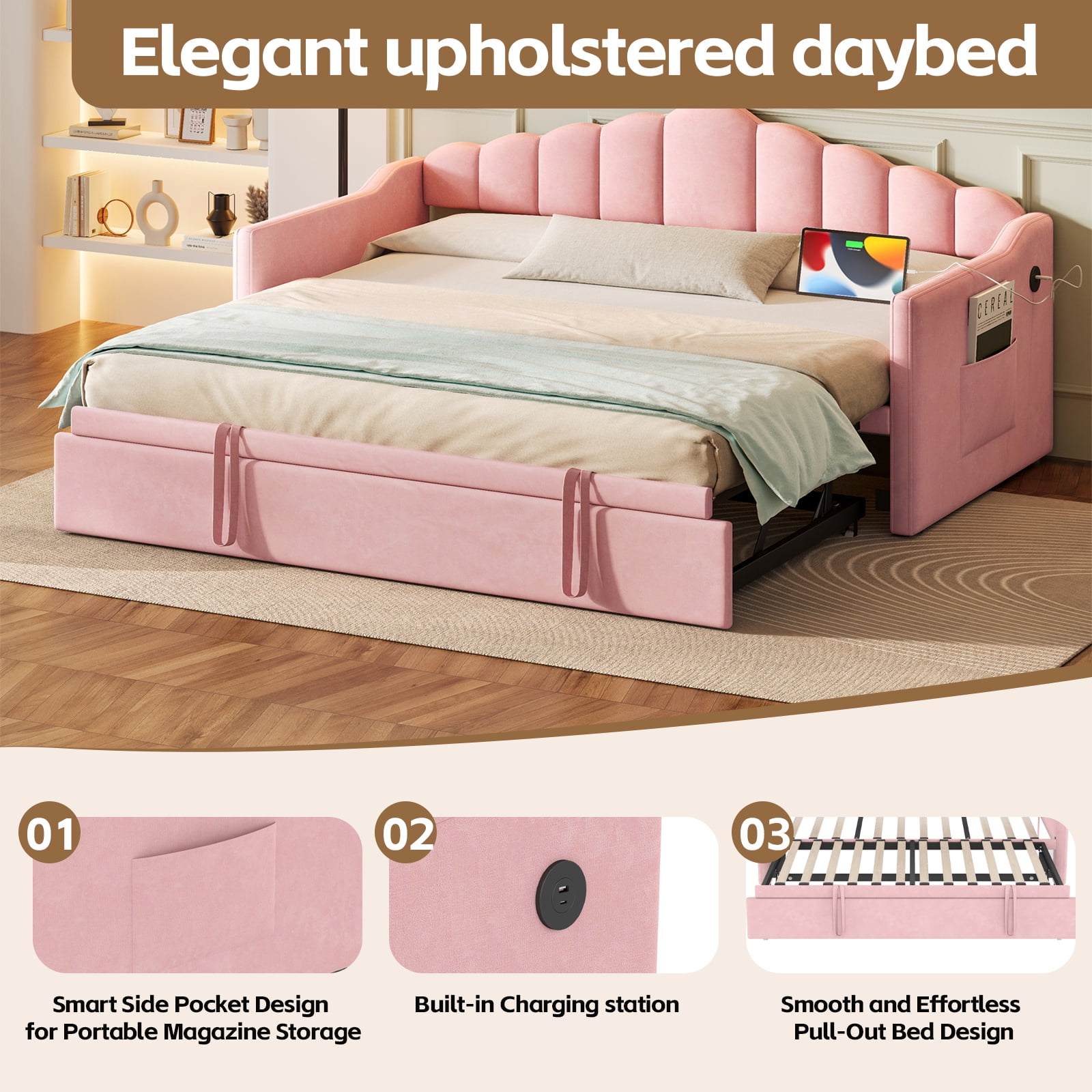 Euroco Upholstered Twin Size Daybed with Pop up Trundle Bed, Adjustable Sofa Bed with Pockets and USB & Type-C Charging Station, Pink