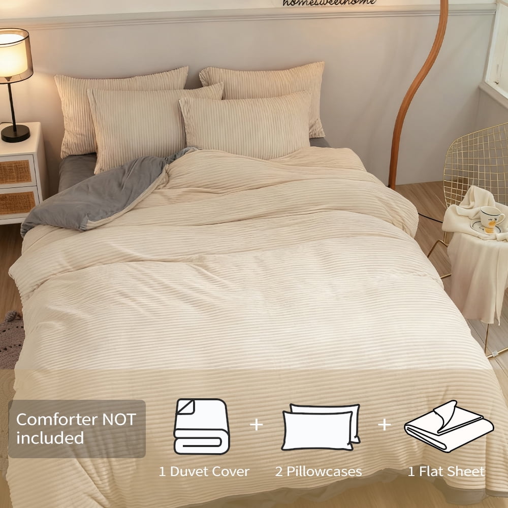 ANMINY 4-Piece Coral Fleece Duvet Cover Set (Comforter NOT Included), 150GSM Soft Warm Pinstripe Bedding with Hidden Zipper & Corner Ties, King, Gray-Backed