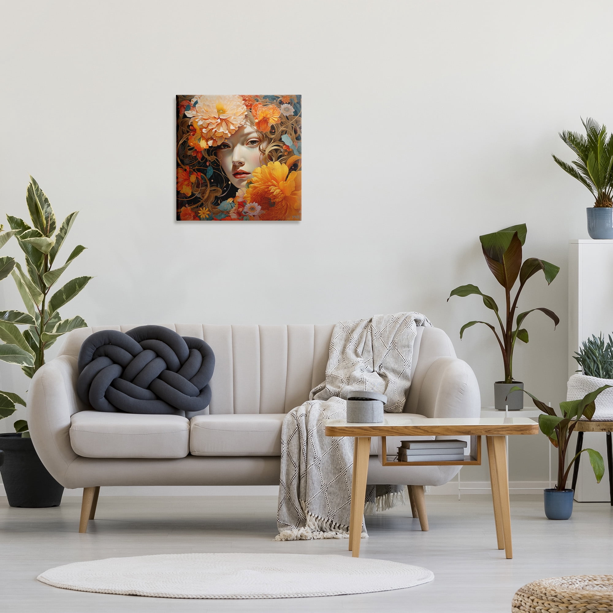 Stupell Industries Woman & Scattered Blossoms Botanical & Floral Painting Gallery Wrapped Canvas Art Print Wall Art, 24 x 24