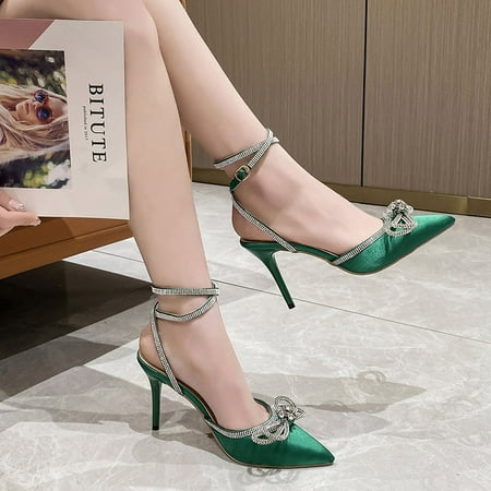 

Women s High Heel Rhinestone Bow Ankle Strap Stiletto Heeled Sandals Lace Up Pointed Toe Wedding Bridal Pump Shoes