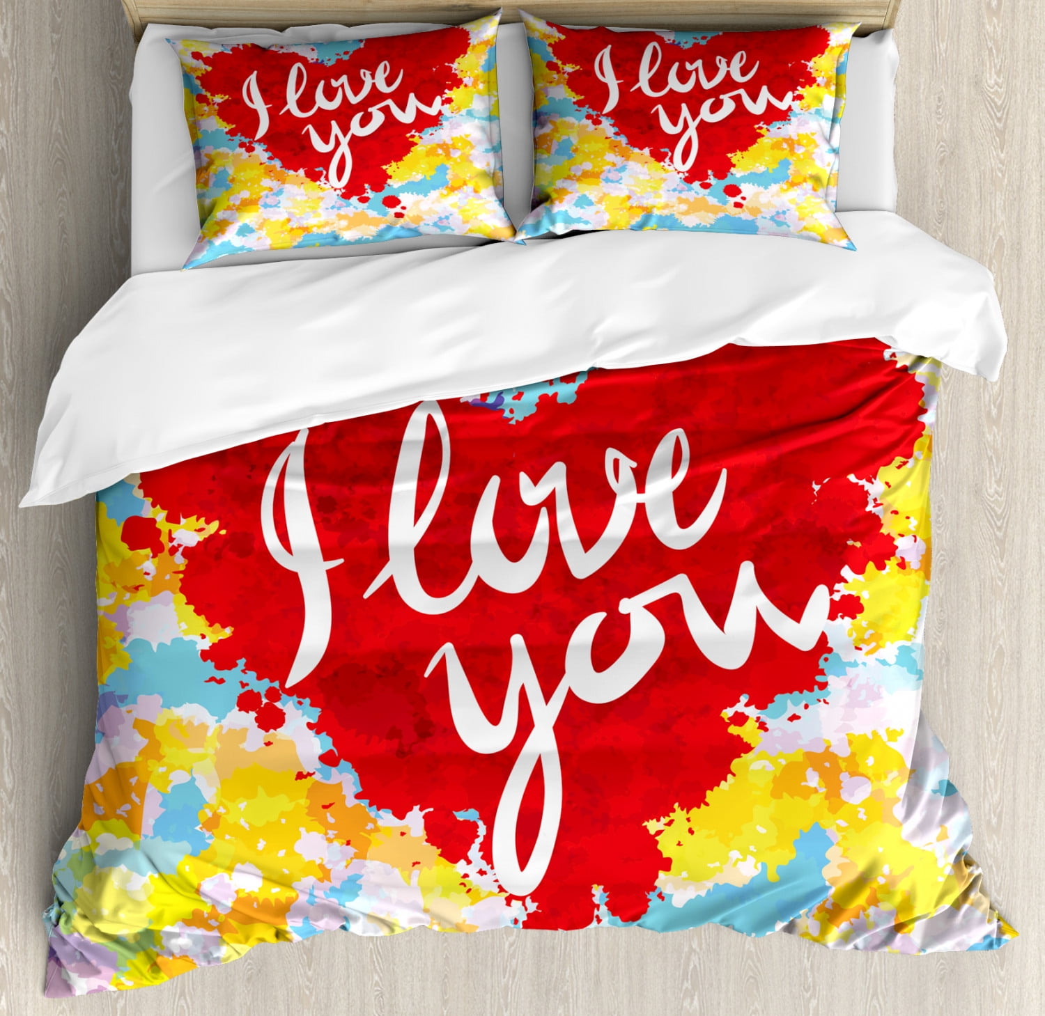 I Love You Duvet Cover Set King Size, Brushstroke Style Valentines