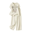 thumbnail image 4 of 2 Piece Sets for Women Short Sleeve Cotton Linen Embroidered Shirts Wide Leg Capri Pants with Pockets Matching Sets, 4 of 6