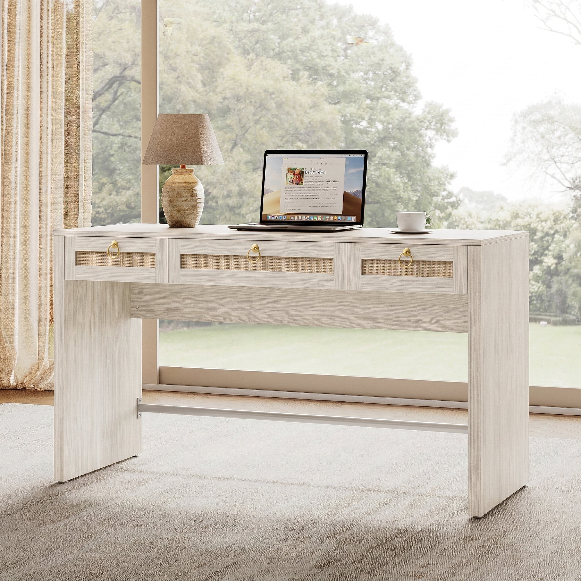 SICOTAS 59.05" W Home Office Computer Desk with Ample Storage，Boho Writing Desk with 3 Spacious Drawers & Unique Rattan Decor, Farmhouse Coastal Classic Style, Cream White