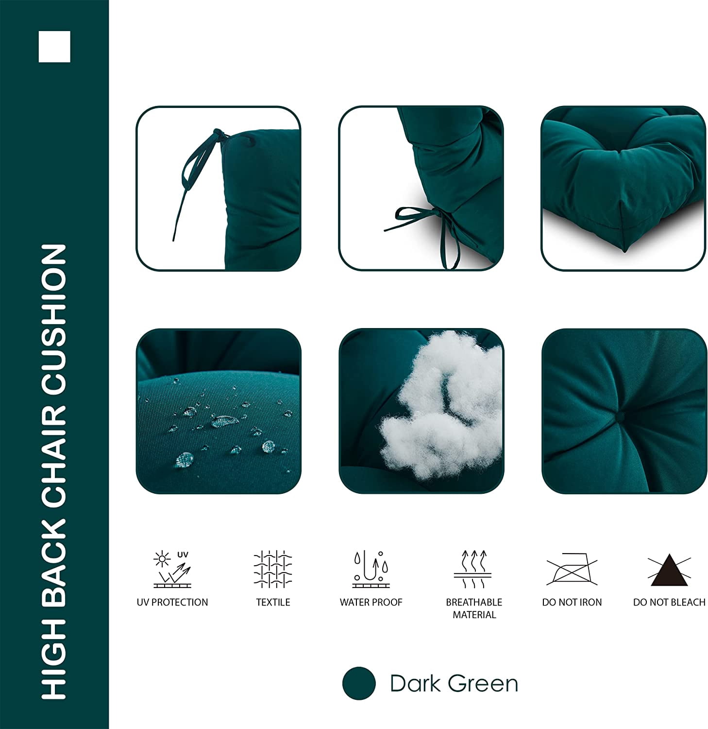 YOOZEKU Outdoor High Back Adirondack Rocking Chair Cushions set of 2,Waterproof Tufted Patio Seat Cushions for Outdoor Furniture with Ties,45x22 Inch, Dark Green