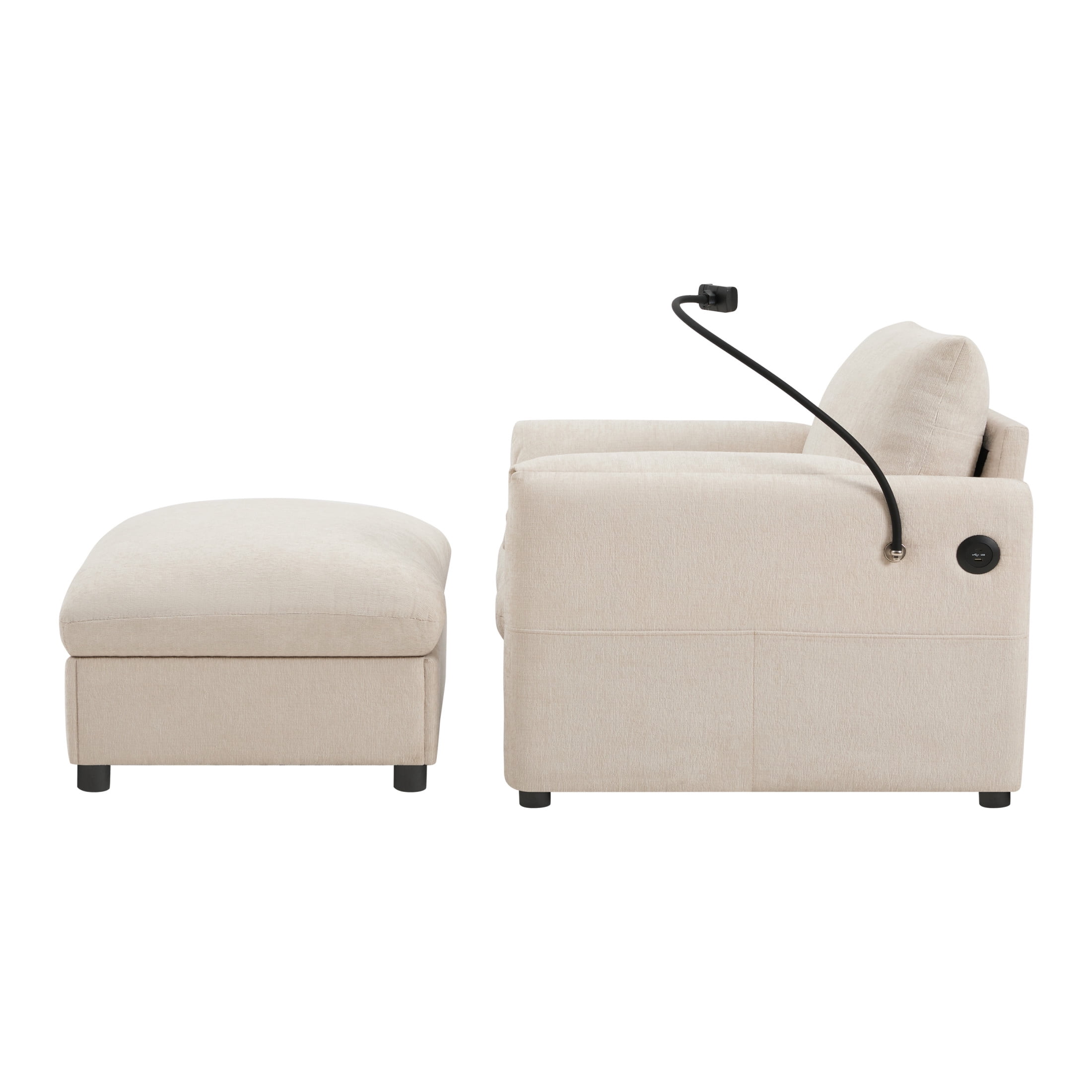 Noble House Odette 37" Chenille Upholstered Armchair with Storage Ottoman and Charging Port, Cloud Chaise Lounge, Beige