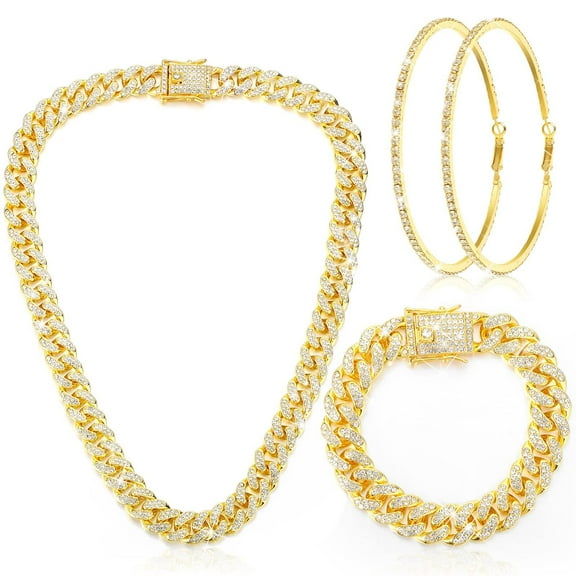 6 Pcs Link Chain jewelry sets for Woman with Rhinestone Necklace Bracelet Earrings Bling Diamond chunky Chain Jewelry